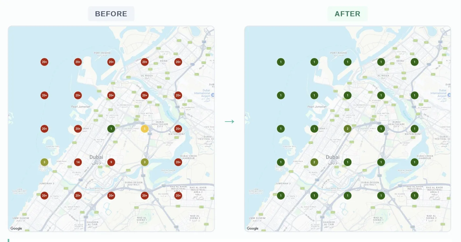 Local Falcon map grid of Dubai before and after. Before: nearly every point ranks 20 or worse. After: nearly every point ranks first or second.