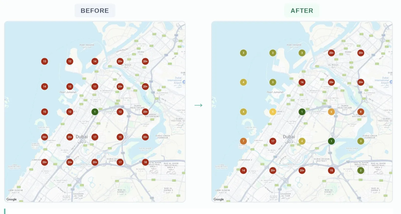 Local Falcon map grid of Dubai before and after for a skin clinic, rankings improving from mostly 11 to 20-plus toward single figures across much of the grid.